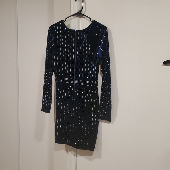 Windsor Royal Blue Velvet Rhinestone Wrap-Front Long Sleeve Dress - Picture 4 of 5